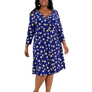 Kasper NWT Plus Size Maura Printed 3/4 Sleeve Faux Wrap Dress Royal Blue Size 1X
